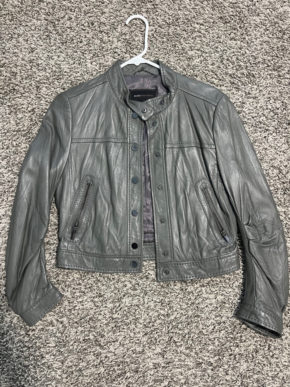 BCBGMaxAzria Gray Leather Moto Jacket